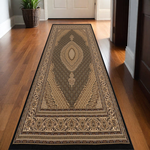 13' Beige And Black Medallion Runner Rug