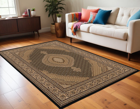 5' X 8' Beige and Black Medallion Power Loom Area Rug