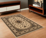 4' X 6' Beige and Black Floral Medallion Power Loom Area Rug