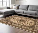 7' X 9' Beige and Black Floral Medallion Power Loom Area Rug