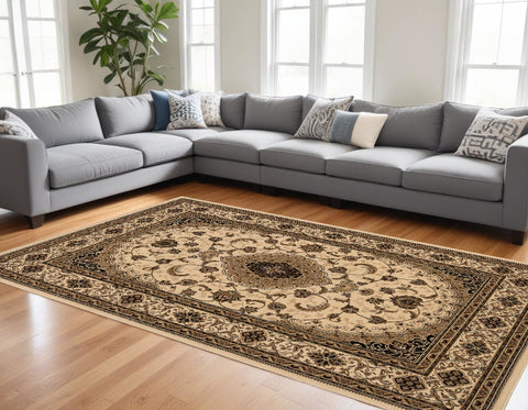 7' X 9' Beige and Black Floral Medallion Power Loom Area Rug