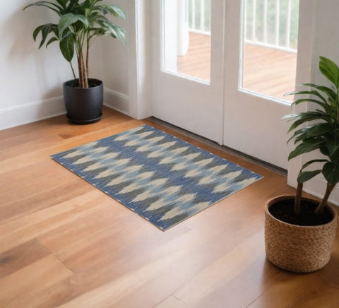 3' X 4' Blue and Ivory Flatweave Handmade Area Rug