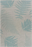 5' X 7' Beige And Teal Blue Fern Leave Indoor Outdoor Area Rug