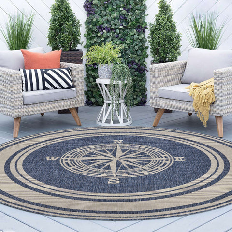 8' X 8' Blue And Gray Round Indoor Outdoor Area Rug