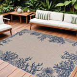8' X 9' Beige And Blue Coral Indoor Outdoor Area Rug