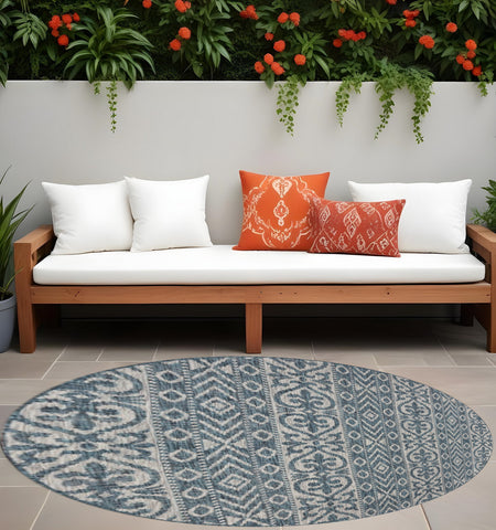 8' X 8' Blue And Gray Round Indoor Outdoor Area Rug