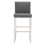 31" Gray And Silver Faux Leather And Steel Low Back Bar Height Bar Chair