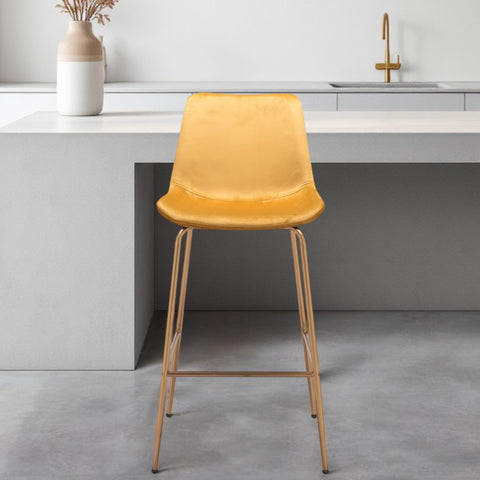 31" Yellow And Gold Velvet And Steel Low Back Bar Height Bar Chair