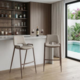 Set of Two 29" Beige And Brown Faux Leather And Steel Low Back Bar Height Bar Chairs