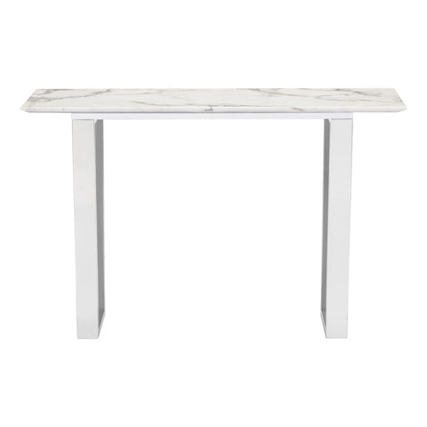 47" White and Silver Faux Marble Sled Console Table