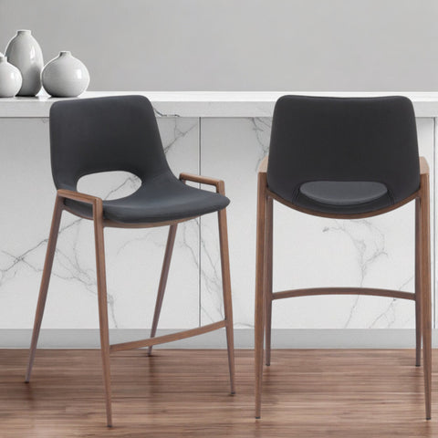 Set of Two 26" Black and Brown Faux Leather and Steel Low Back Counter Height Bar Chairs