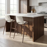 Set of Two 26" White And Brown Faux Leather And Steel Low Back Counter Height Bar Chairs