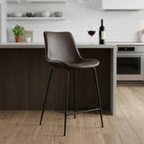 26" Brown And Black Faux Leather And Steel Low Back Counter Height Bar Chair