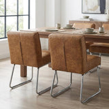 Set of Two Brown Upholstered Faux Leather Dining Side Chairs With Wheels