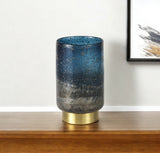 10" Blue And Gold Abstract Cylinder Crystal Glass Table Vase