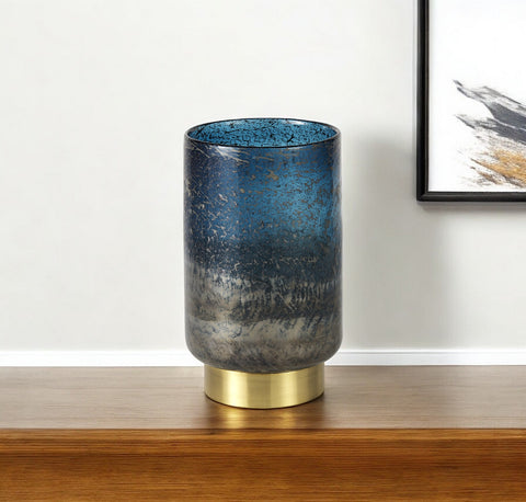 10" Blue And Gold Abstract Cylinder Crystal Glass Table Vase