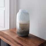 15" Blue And Beige Abstract Cylinder Crystal Glass Table Vase