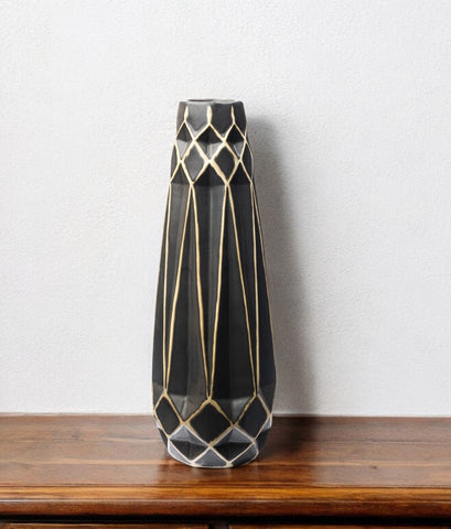 18" Black And Gold Abstract Cylinder Ceramic Table Vase