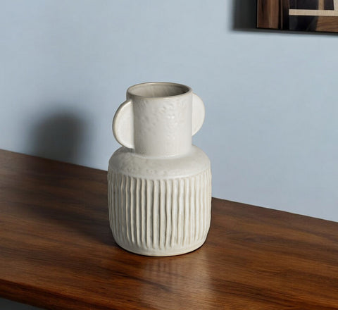 12" White Ribbed Cylinder Ceramic Table Vase