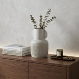 12" White Ribbed Ceramic Cylinder Table Vase
