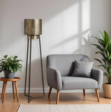 54" Gold And Black Metal LED Floor Lamp With Gold Metal Drum Shade