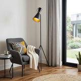 58" Black Metal Tripod Floor Lamp With Black And Gold Metal Cone Shade