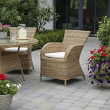 Set of Two Tan Textured Outdoor Dining Chairs with Beige Cushions