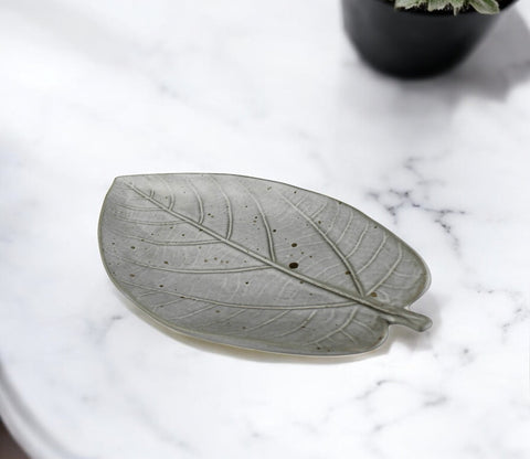 6" Gray Begonia Leaf Ceramic Handmade Serving Tray