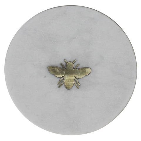 6" White And Gold Bumble Bee Inlaid Marble Serving Tray
