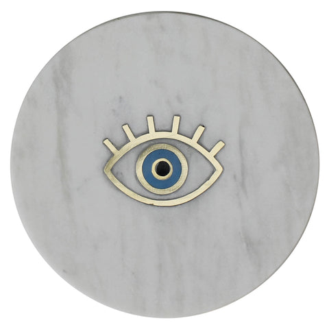 6" Gold And White Round Marble Inlaid Eye Serving Tray