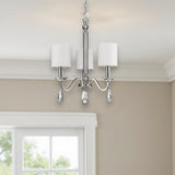 Silver Candle Style Three Light Metal and Crystals Dimmable Chandelier With White Shades