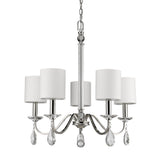 Silver Candle Style Five Light Metal and Crystals Dimmable Chandelier With White Shades