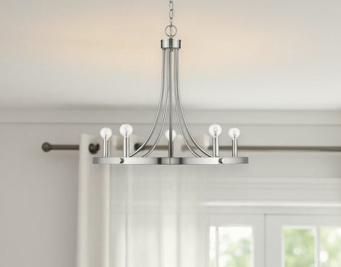 Silver Candle Style Five Light Metal Dimmable Chandelier