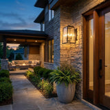 Black And Clear Four Light Seeded Dimmable Outdoor Hanging Lights With Black And Clear Shades