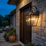 Black Clear And Brass Four Light Transparent Dimmable Outdoor Hanging Lights With Black Clear And Brass Shades