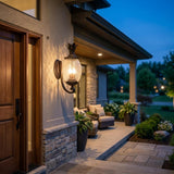 Black And Clear Three Light Crackled Dimmable Outdoor Hanging Lights With Black And Clear Shades