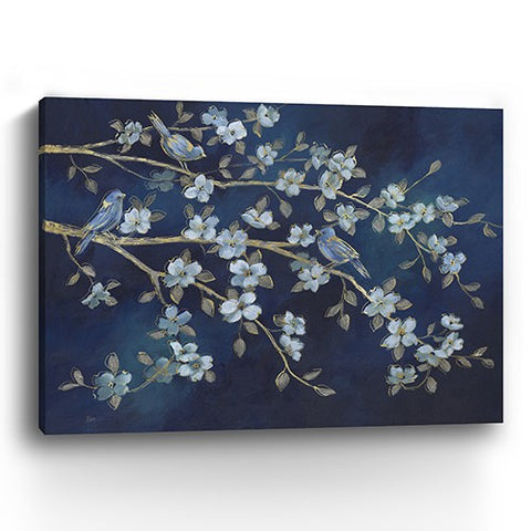 24" x 32" Navy Blue Watercolor Midnight Bird Rendezvous Canvas Wall Art