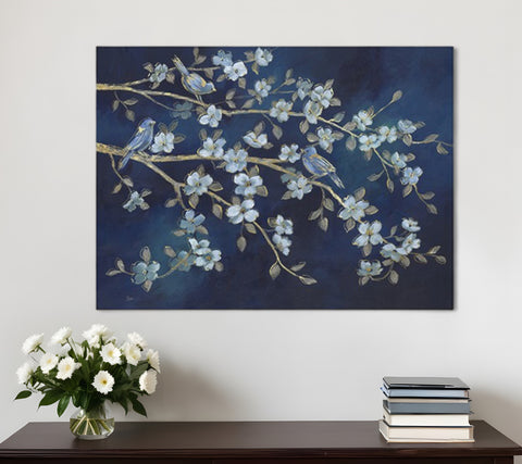 24" x 32" Navy Blue Watercolor Midnight Bird Rendezvous Canvas Wall Art