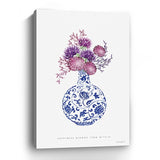 36" x 24" Blue and White Happiness Floral Vase Canvas Wall Art