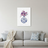 48" x 32" Blue and White Happiness Floral Vase Canvas Wall Art