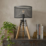 20" Brown Solid Wood Tripod Table Lamp With Black Drum Shade