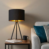 22" Black Metal Tripod Table Lamp With Black Drum Shade