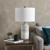 25" Black and White Ceramic Column Lamp With White Drum Shade