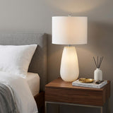 28" White Glass Table Lamp With White Drum Shade