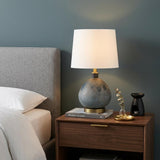 22" Teal Blue Concrete Gourd Table Lamp With Cream Empire Shade