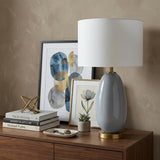 29" Light Gray Glass Table Lamp With White Drum Shade