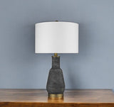 26" Distressed Black and Gold Ceramic Table Lamp With White Drum Shade