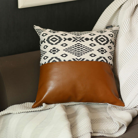 18" Brown Black And Ivory Geometric Faux Leather And Fabric Throw Pillow