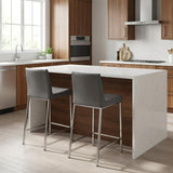 Set of Two 24" Gray And Silver Genuine Leather And Steel Low Back Counter Height Bar Chairs