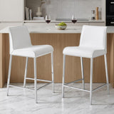 Set of Two 24" White And Silver Genuine Leather And Steel Low Back Counter Height Bar Chairs